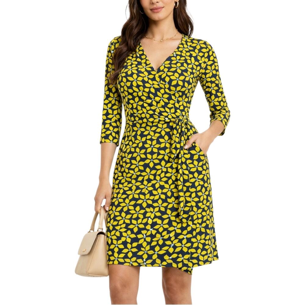 Diane Von Furstenberg Yellow Navy Geometric Floral Wrap Cocktail Dress Size 6